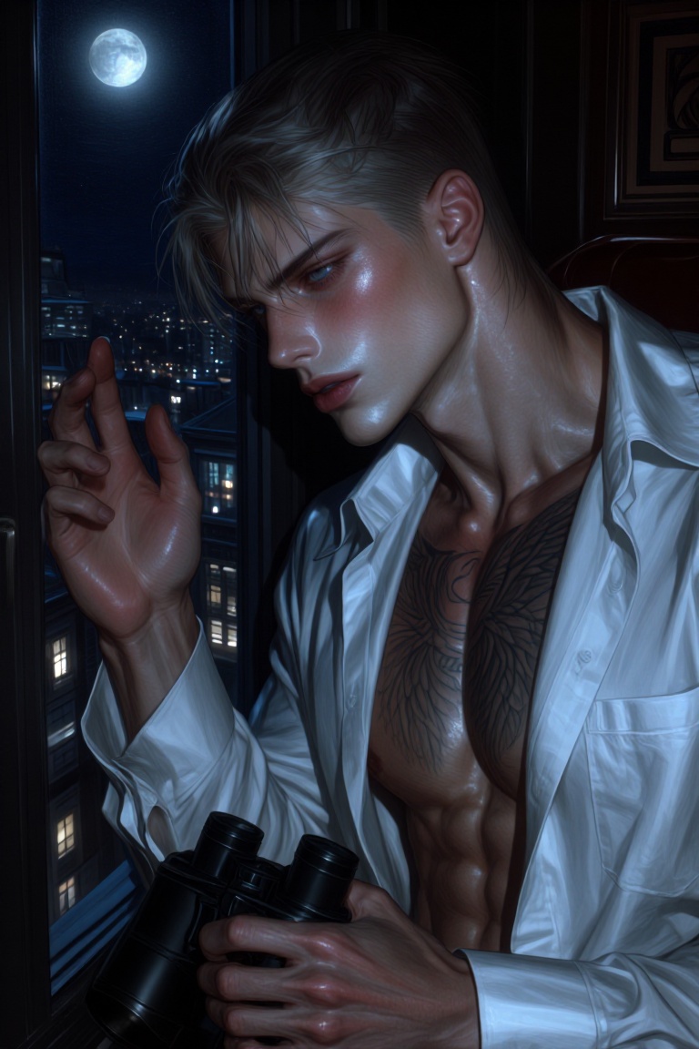 Tox1c1ty,  semi-closeup chest-up shot of a ridiculously handsome young mafia stalker in his mid-twenties,  standing before...
