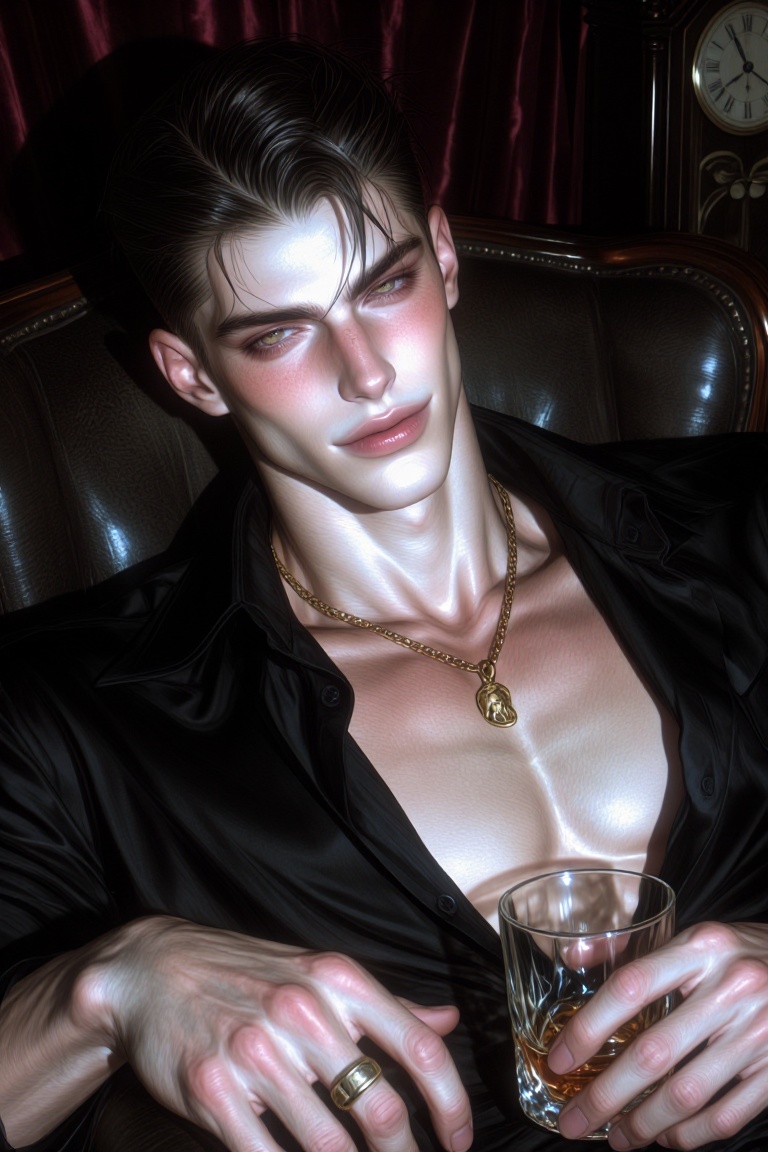 Tox1c1ty,  semi-closeup chest-up shot of a ridiculously handsome young don in his mid-twenties,  leaning back in a dark le...