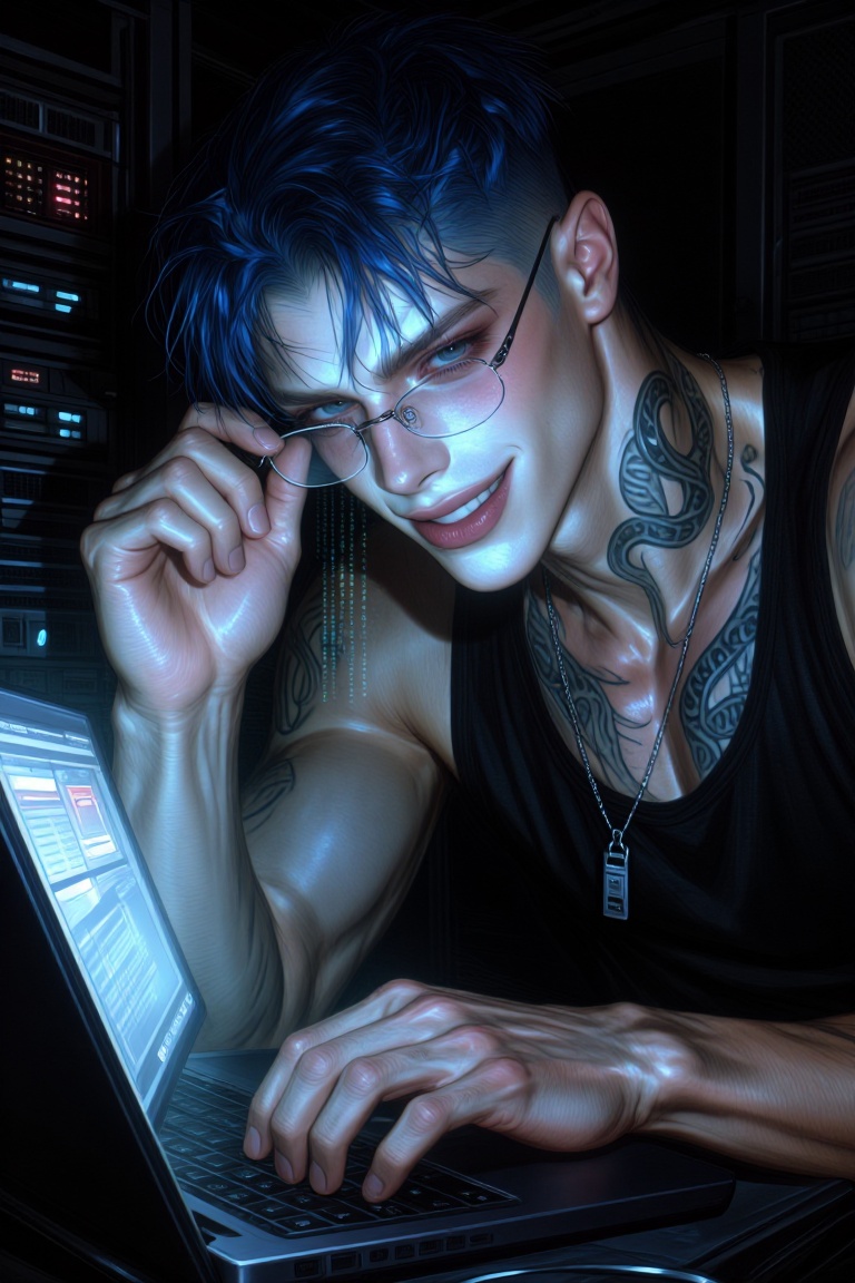 Tox1c1ty,  semi-closeup chest-up shot of a ridiculously handsome young gangster hacker in his mid-twenties,  hunched over...