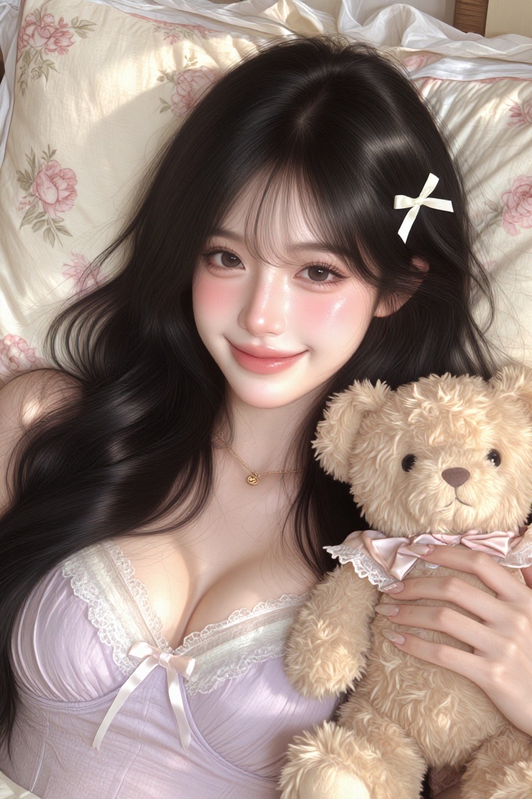 Sunsh1ne,  A young Asian woman with a heart-shaped face and soft jawline lies on her back,  looking directly ahead with a...