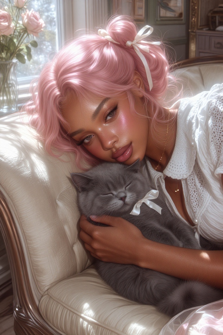 Sunsh1ne,  A young Black woman with a diamond-shaped face and a soft,  rounded jawline lies curled on her side on a plush...