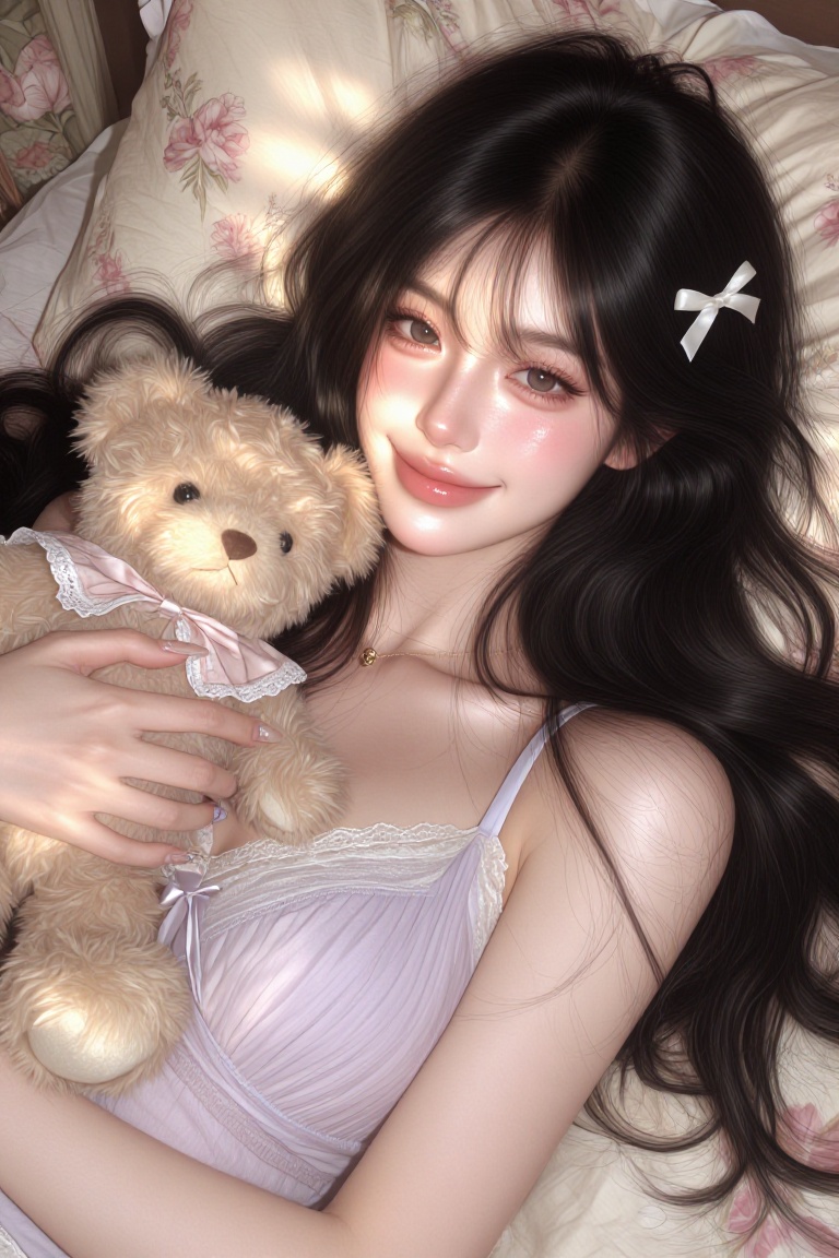 Sunsh1ne,  A young Asian woman with a heart-shaped face and soft jawline lies on her back,  looking directly ahead with a...