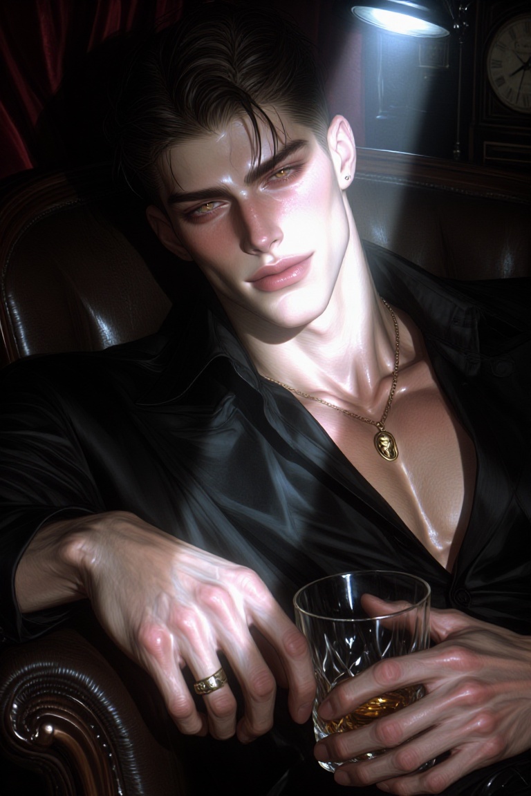 Tox1c1ty,  semi-closeup chest-up shot of a ridiculously handsome young don in his mid-twenties,  leaning back in a dark le...