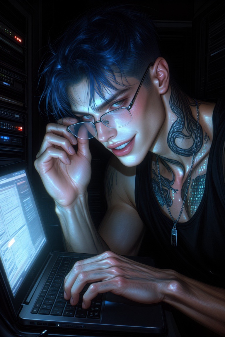 Tox1c1ty,  semi-closeup chest-up shot of a ridiculously handsome young gangster hacker in his mid-twenties,  hunched over...