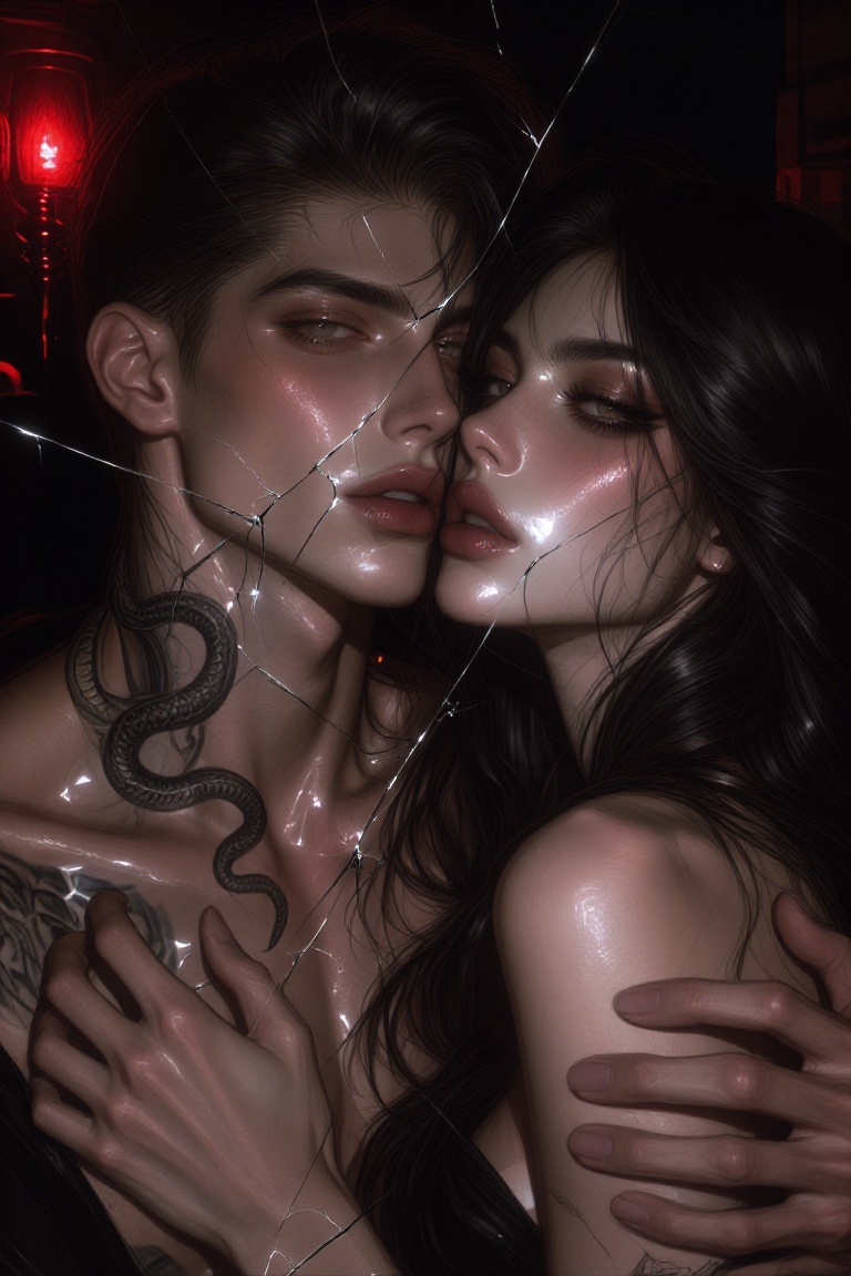 Tox1c1ty,  A man and a woman are depicted through a pane of shattered glass. The man on the left has a sharp jawline,  hig...