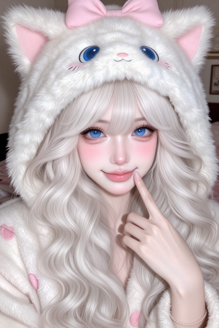 semi close-up from the chest up of a young East Asian woman in an ultra-kawaii Marie cat concept,  long voluminous platinu...