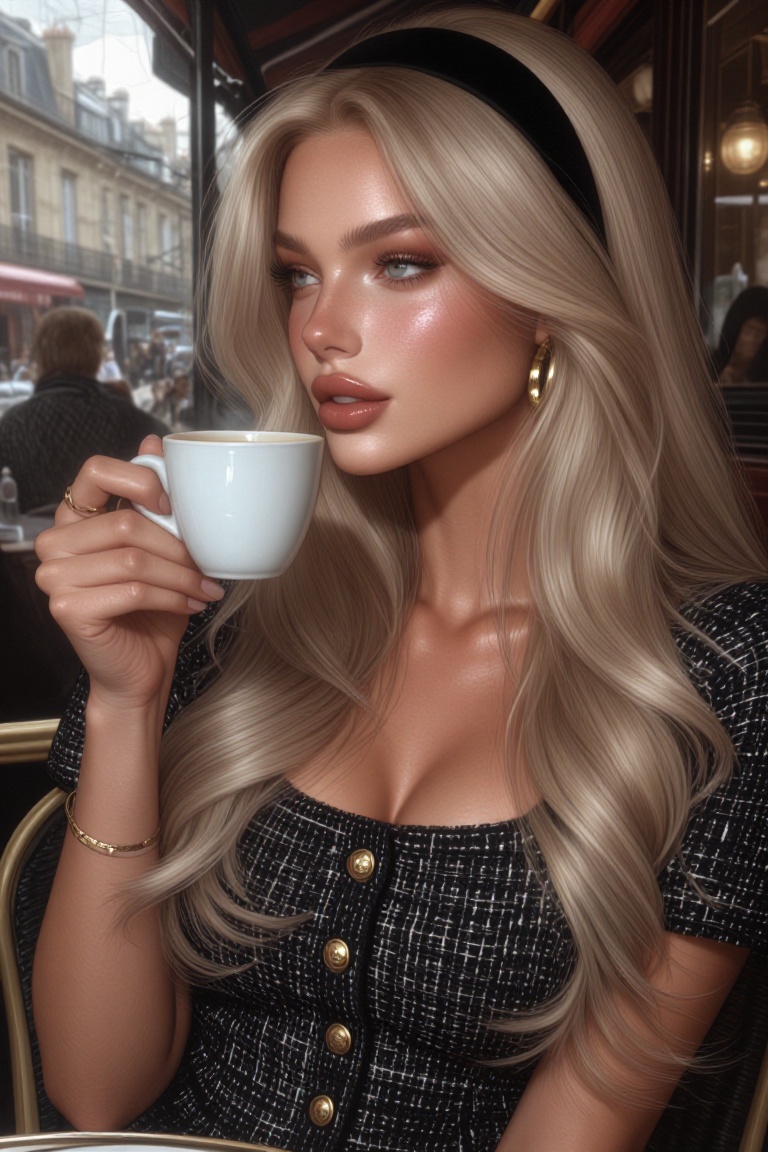 semi close-up from the chest up of an elegant young woman seated in profile at an outdoor Parisian café,  holding a delica...