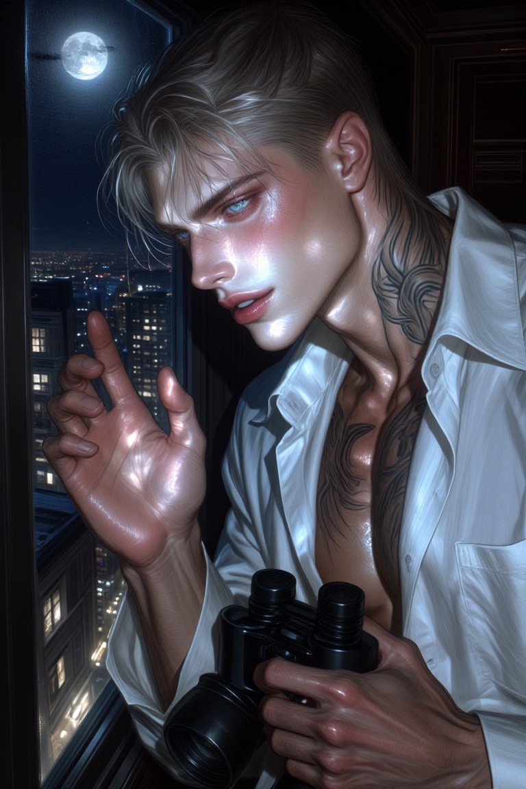 Tox1c1ty,  semi-closeup chest-up shot of a ridiculously handsome young mafia stalker in his mid-twenties,  standing before...