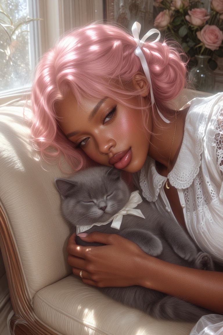 Sunsh1ne,  A young Black woman with a diamond-shaped face and a soft,  rounded jawline lies curled on her side on a plush...