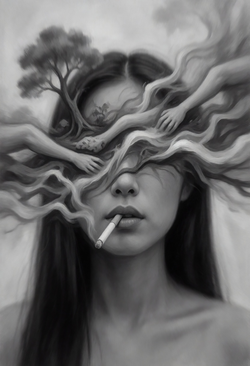 A surreal artwork showing a asian woman face with a cigarette in their mouth. upper face is obscured by what looks like a...