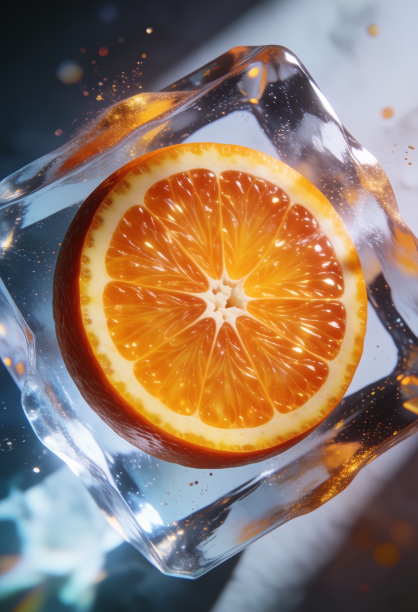 3D render,  realistic,  shining orange slice inside faceted ice cube on Tensor.Art