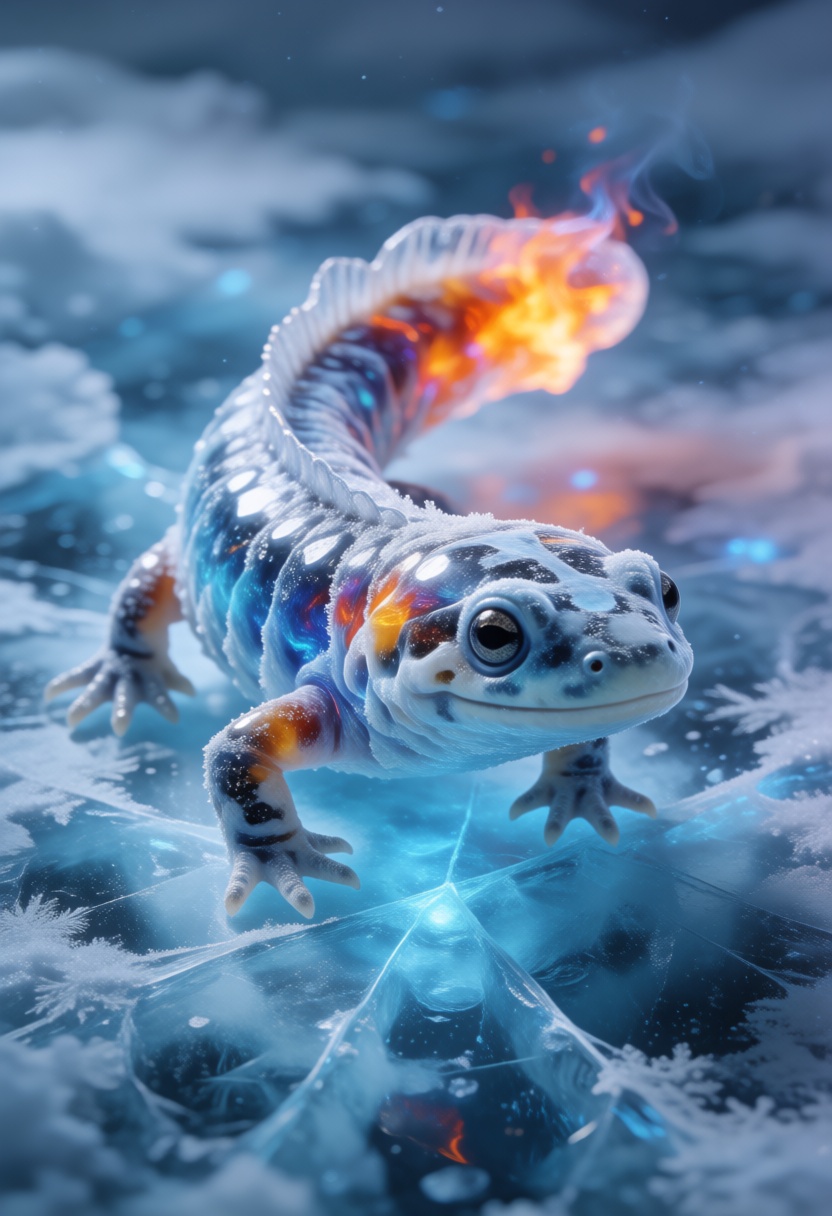 An adorable,  hyper-stylistic ice salamander stands on a sheet of cracked ice,  its body a mesmerizing fusion of frosty bl...