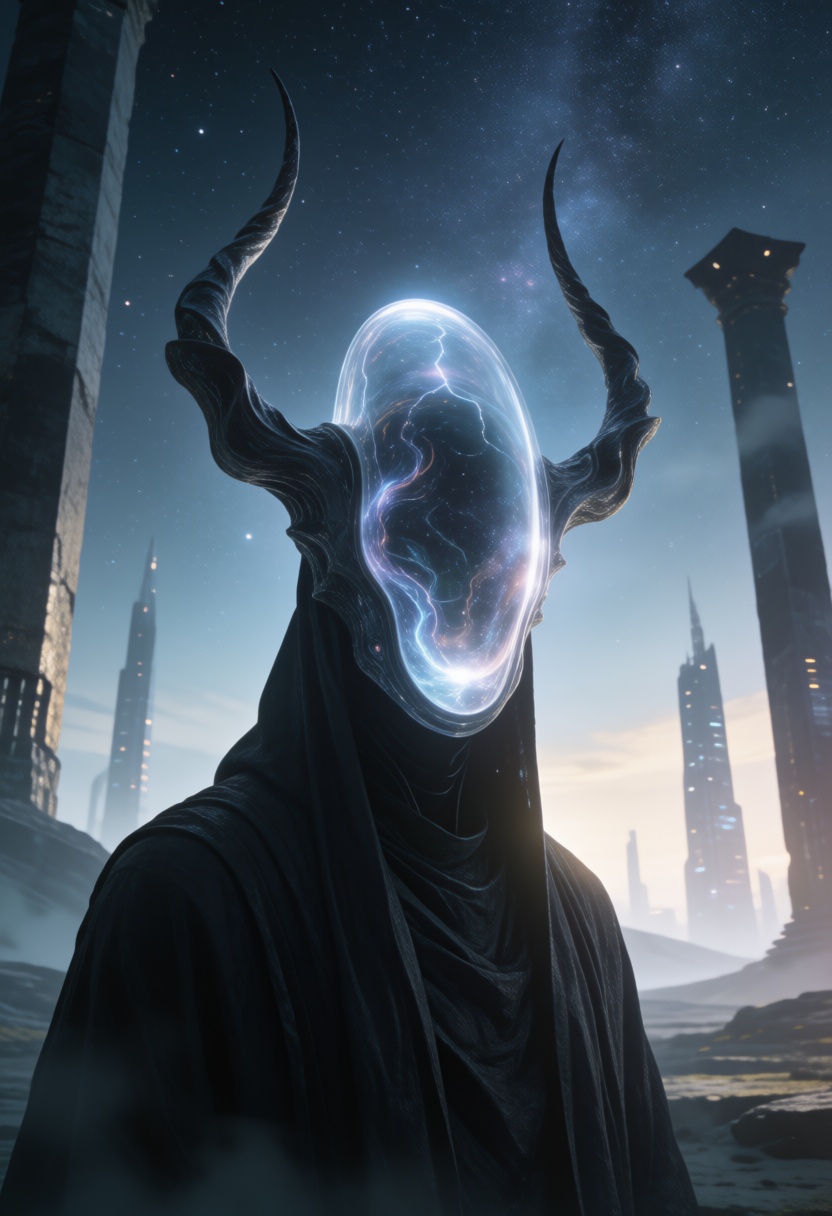 Cinematic,  futuristic scene featuring a close-up portrait of a mysterious figure wearing a dark,  flowing robe. The figur...