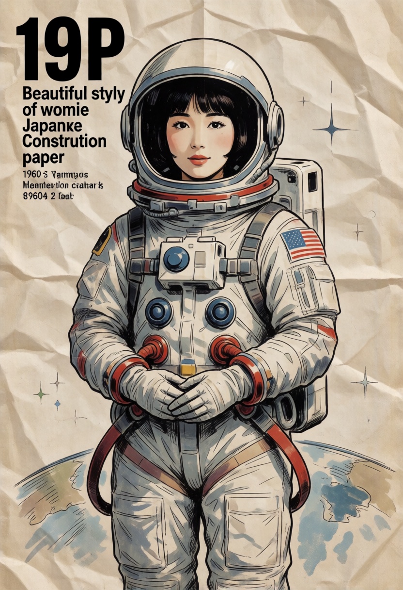 illustration of beautiful Japanese woman 1960s Astronaut in style of ink sketch on construction paper. ((intricate paper t...