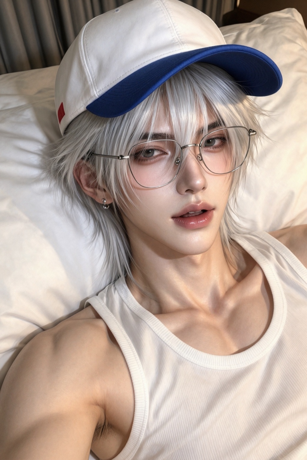 A cute and handsome young man taking a close-up selfie while lying on a soft white bed,  wearing an oversized white,  blue...