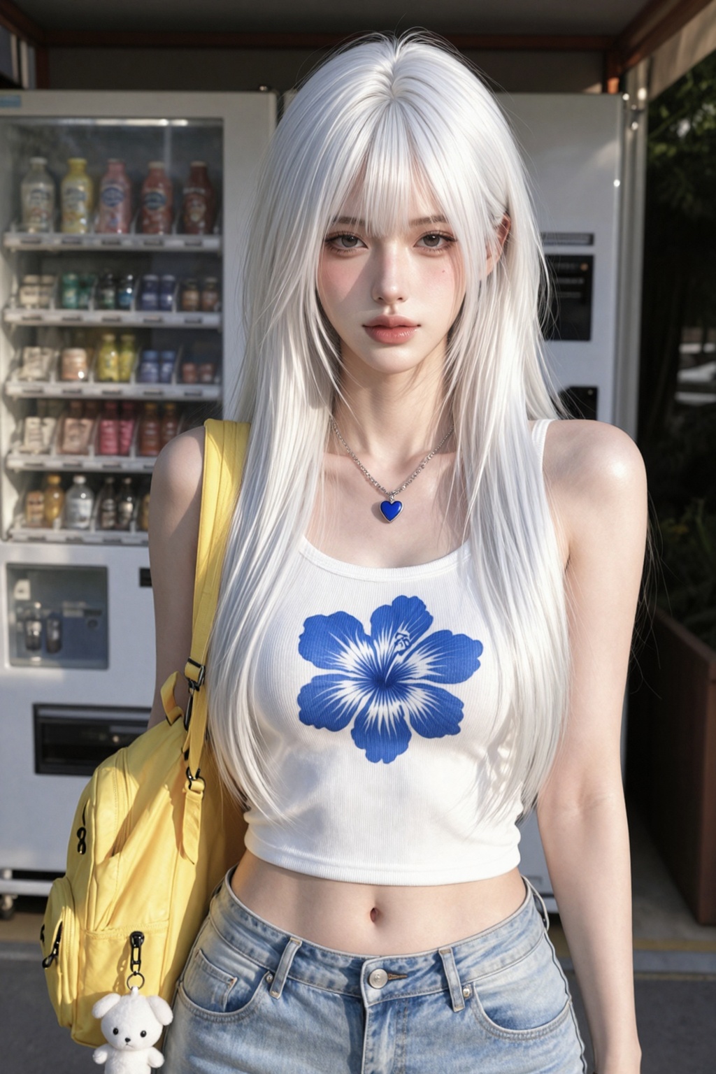 A beautiful young woman with long pure white hime-cut hair,  straight silky hair with neat side locks and full bangs. Wear...