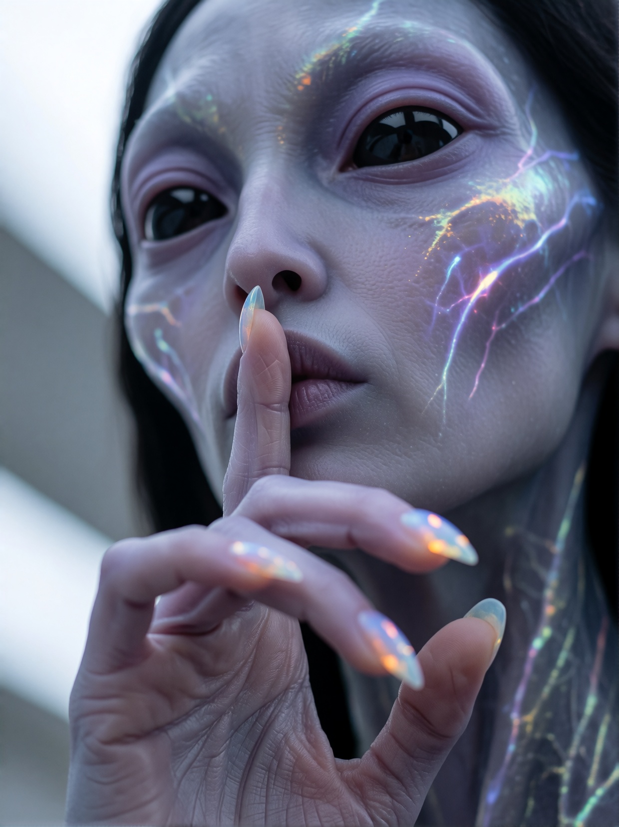 A close-up photograph taken from below and slightly from side,  of an alien woman doing a shushing pose with her index fin...