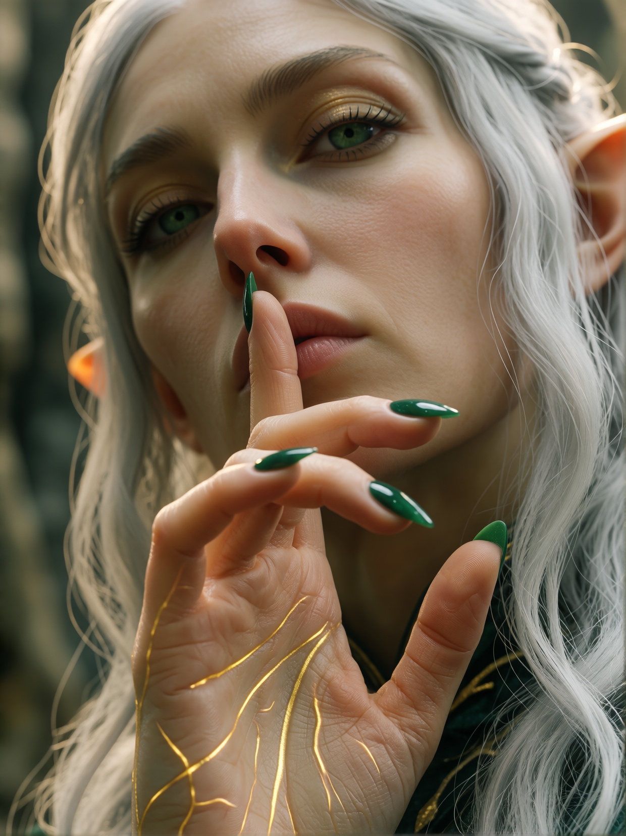 A close-up photograph taken from below and slightly from side,  of an elf woman doing a shushing pose with her index finge...