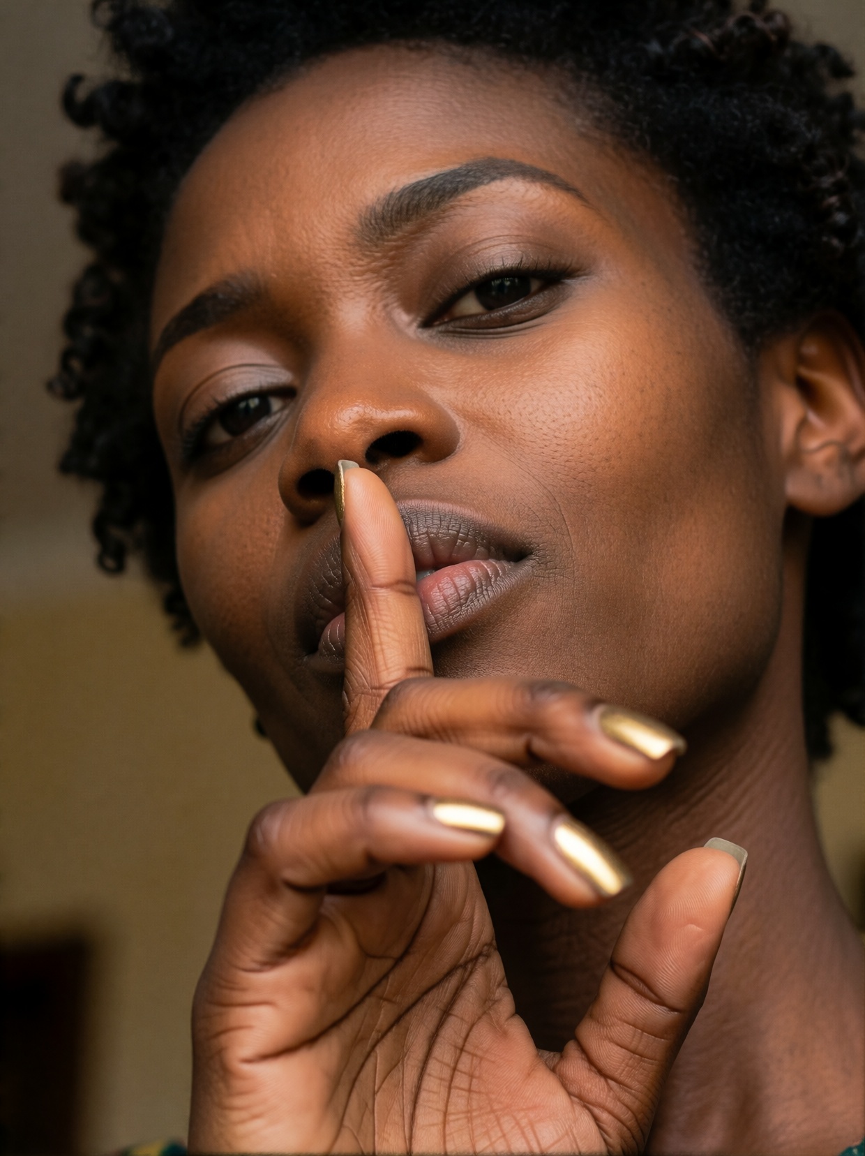 A close-up photograph taken from below and slightly from side,  of a woman doing a shushing pose with her index finger on...