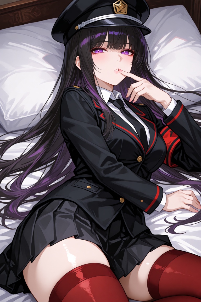 this is a digital anime-style illustration depicting a young woman with long,  straight black hair that has subtle purple...