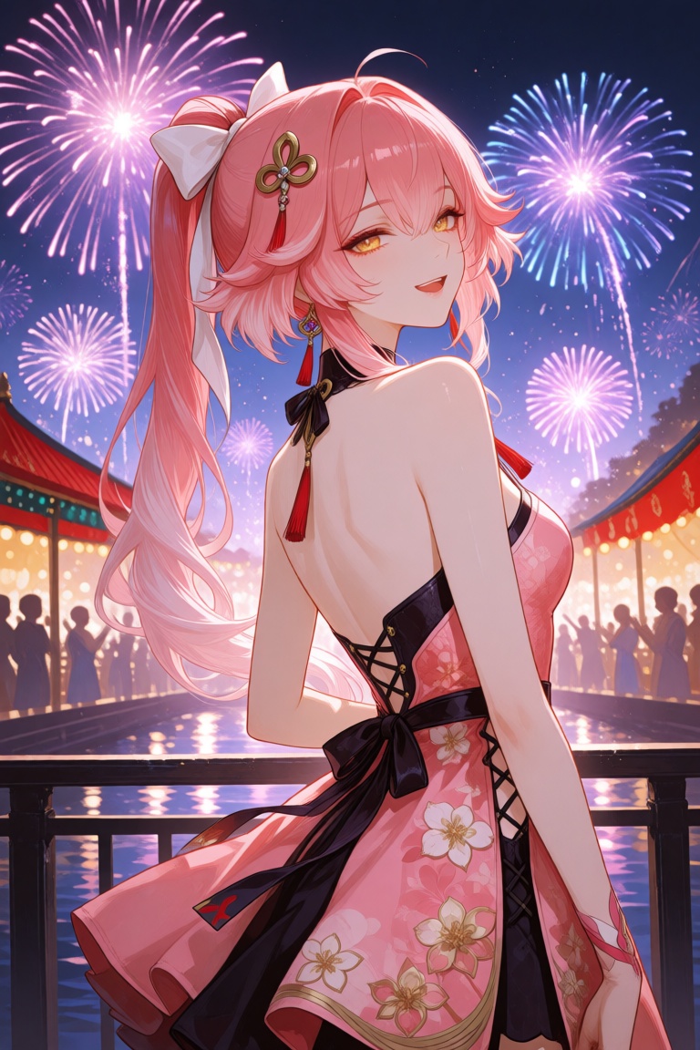 DQ,  this is a digital anime-style illustration depicting a young woman with pink hair,  styled in a high ponytail adorned...