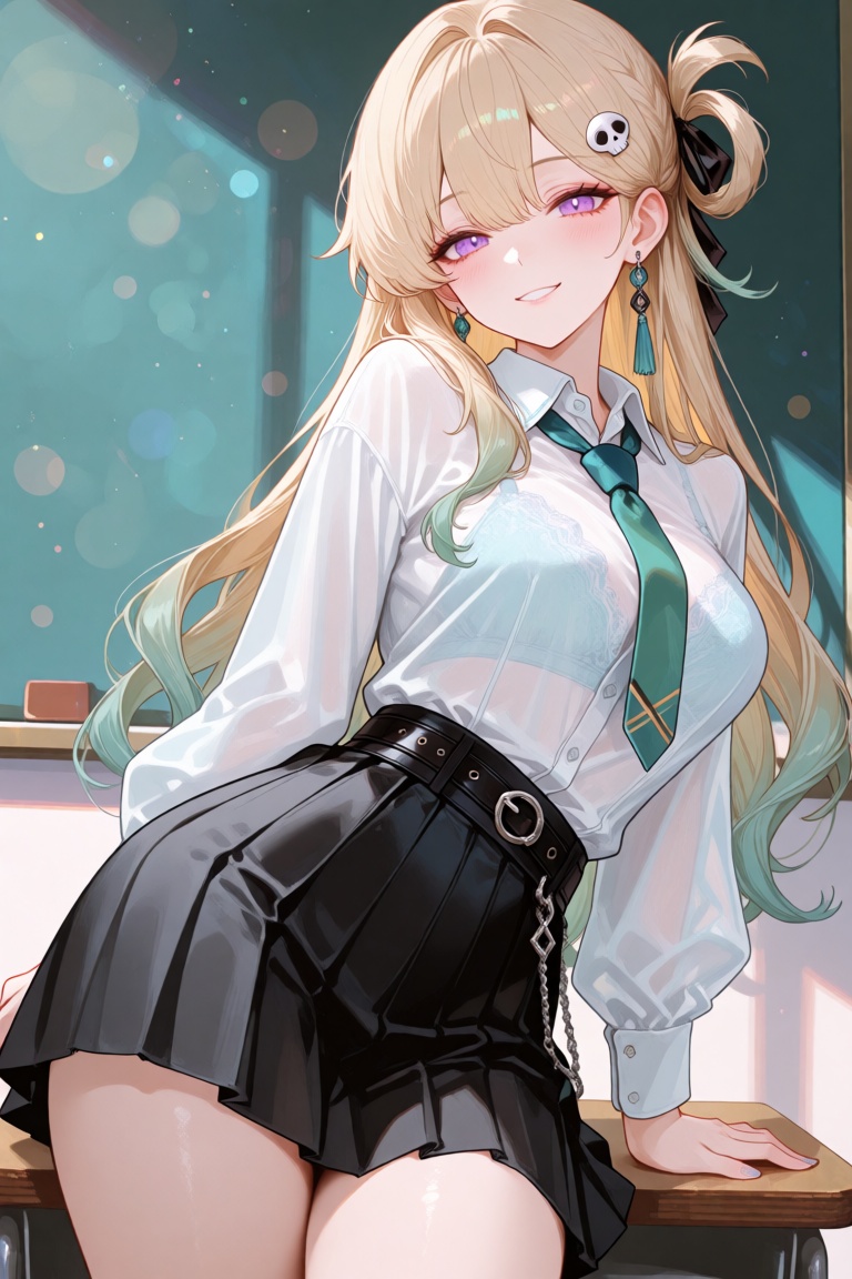 DQ,  this is a digital anime-style illustration of a young woman with a light skin tone and long,  wavy blonde hair adorne...