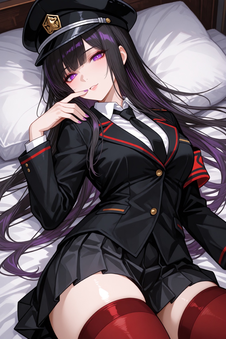 this is a digital anime-style illustration depicting a young woman with long,  straight black hair that has subtle purple...