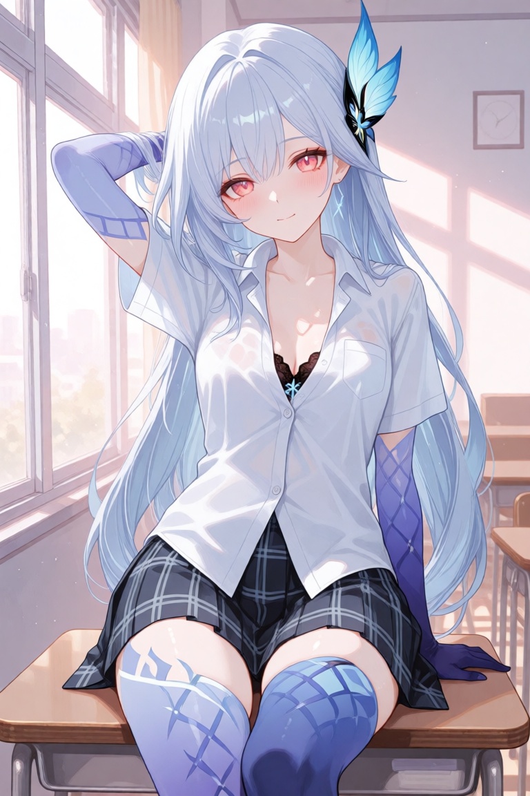 DQ,  this is a highly detailed digital anime-style illustration of a young woman seated on a wooden desk in a classroom se...