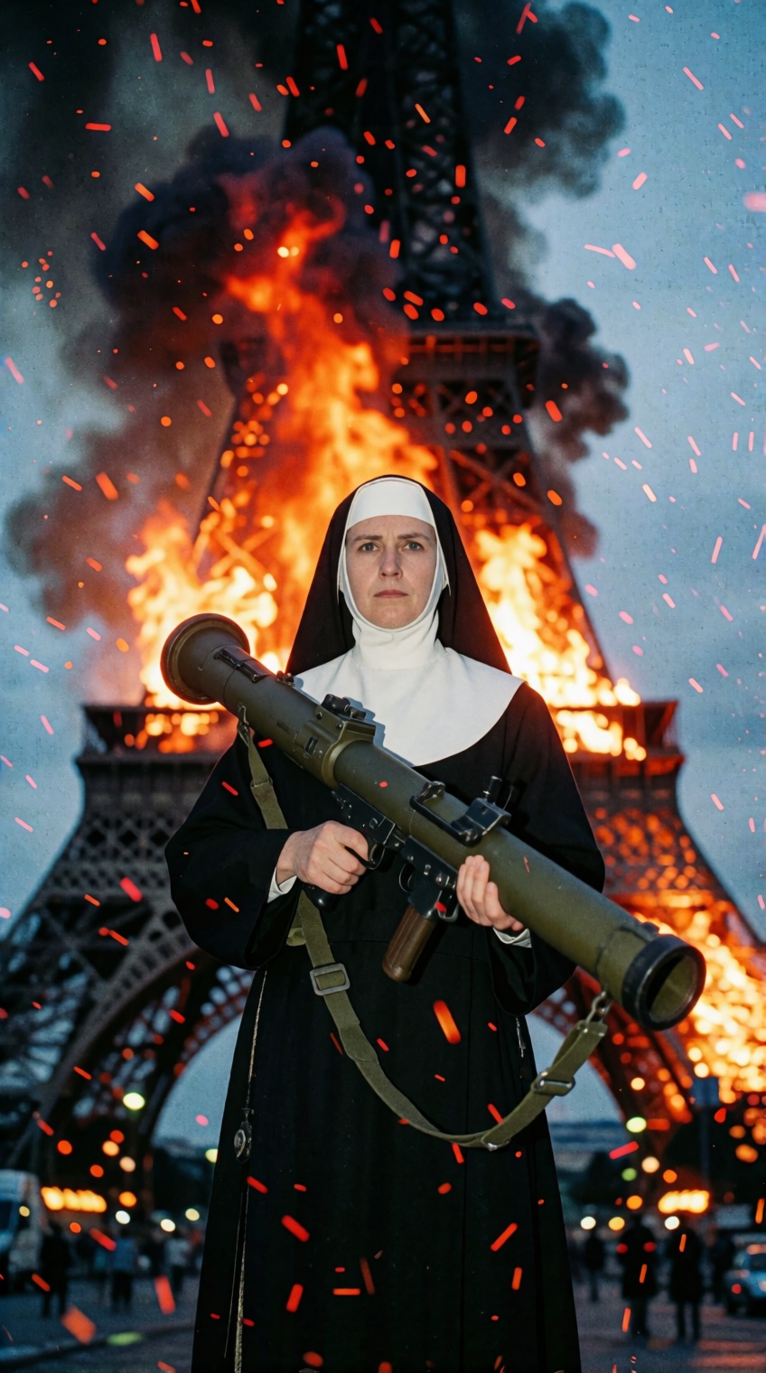 A nun in a traditional black and white habit stands in a dramatic,  confident pose,  gripping a heavy military bazooka wit...