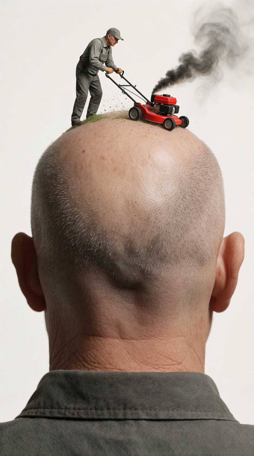 A hyper-realistic,  surreal conceptual artwork depicting the back of a man's head in extreme close-up against a plain,  of...