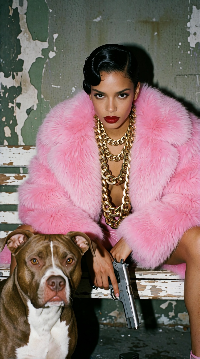 A raw,  high-fashion editorial shot featuring a fierce woman embodying a "mob boss" aesthetic,  sitting on a distressed on...