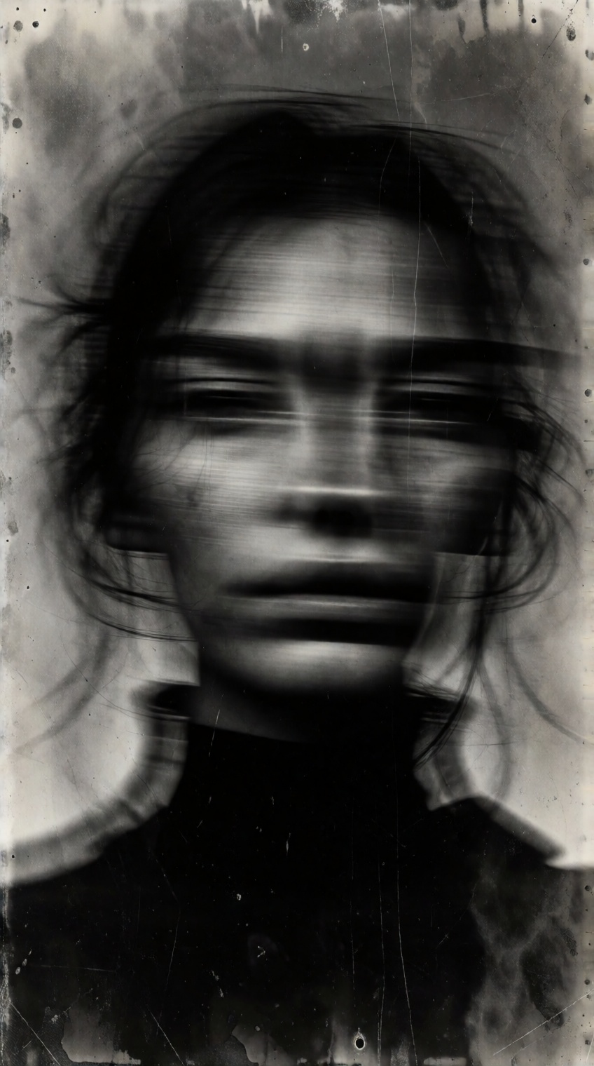 Haunting abstract black-and-white portrait of a blurred human face,  multiple horizontal motion-blur exposures merging int...
