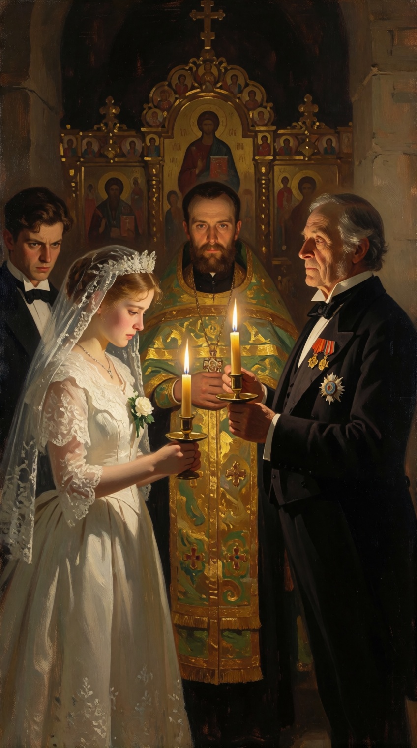 A masterpiece of 19th-century Russian realist oil painting in the style of Vasily Pukirev and the Peredvizhniki movement....