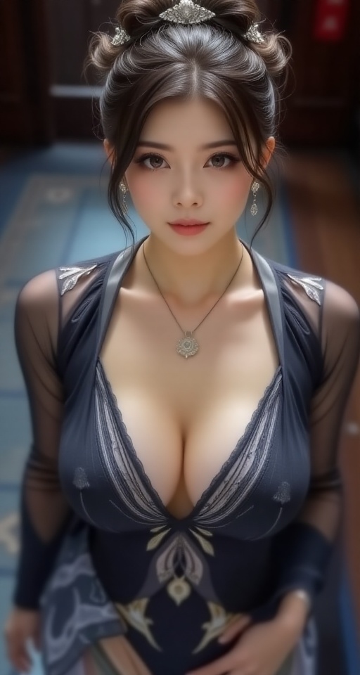 bird angle viewer. from above. 16K resolution detail 1girl solo breasts looking at viewer smile black hair hair ornament l...