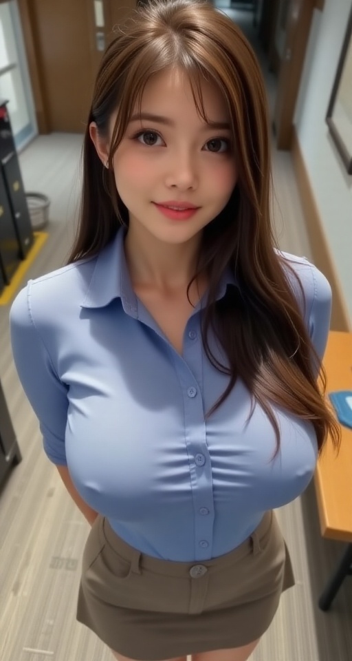 bird angle viewer. from above. 16K resolution detail 1girl solo long hair breasts looking at viewer smile skirt large brea...