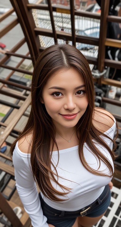 from above bird-angle viewer. 16K resolution 1girl solo long hair breasts looking at viewer smile brown hair shirt white s...