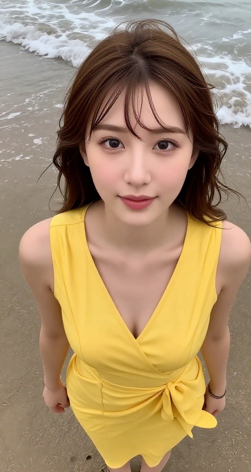 From a high bird's-eye view in a 16K resolution. 1girl solo breasts looking at viewer smile brown hair dress outdoors slee...