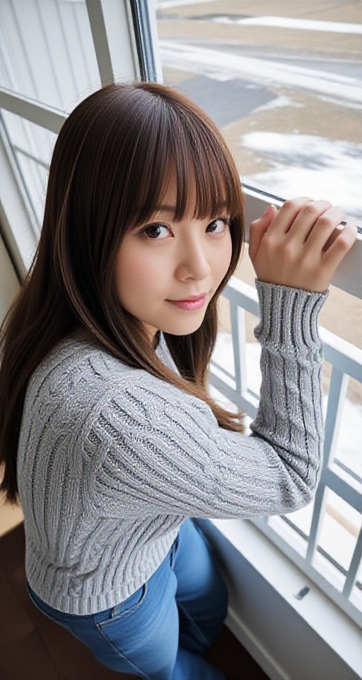 bird angle viewer. from above. 16K resolution detail 1girl solo long hair looking at viewer smile bangs brown hair long sl...