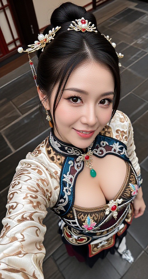 from above bird-angle viewer. 16K resolution 1girl solo breasts looking at viewer smile black hair hair ornament long slee...