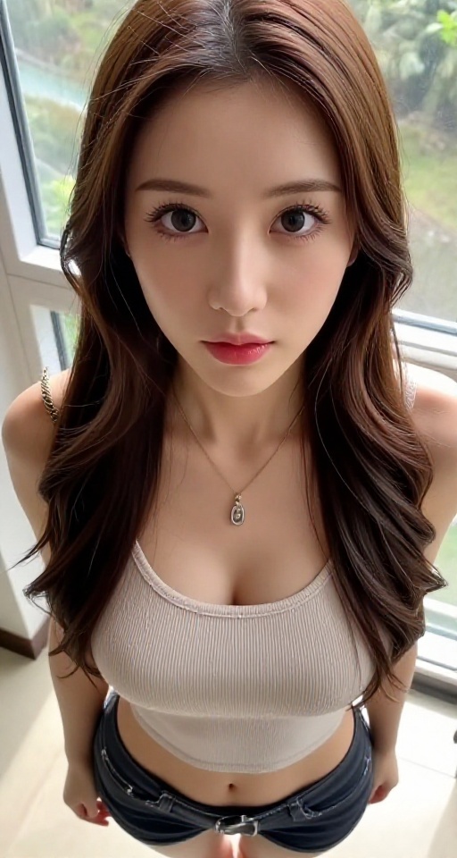 bird angle viewer. from above. 8K resolution detail 1girl solo long hair breasts looking at viewer brown hair navel cleava...