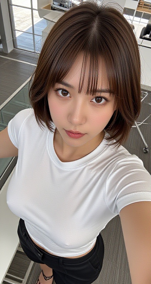 from above bird-angle viewer. 16K resolution 1girl solo breasts looking at viewer short hair brown hair shirt brown eyes m...