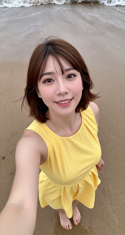 From a high bird's-eye view in a 16K resolution. 1girl solo looking at viewer smile medium breasts brown hair dress outdoo...