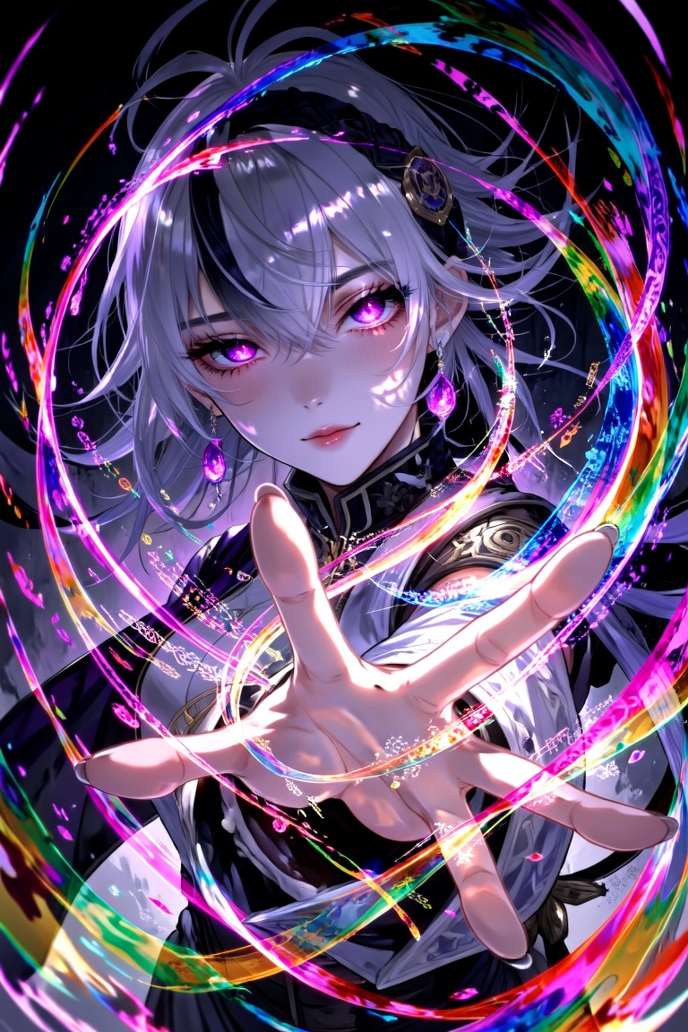The image depicts a vibrant and dynamic scene with a character in the foreground. The character has striking purple eyes a...