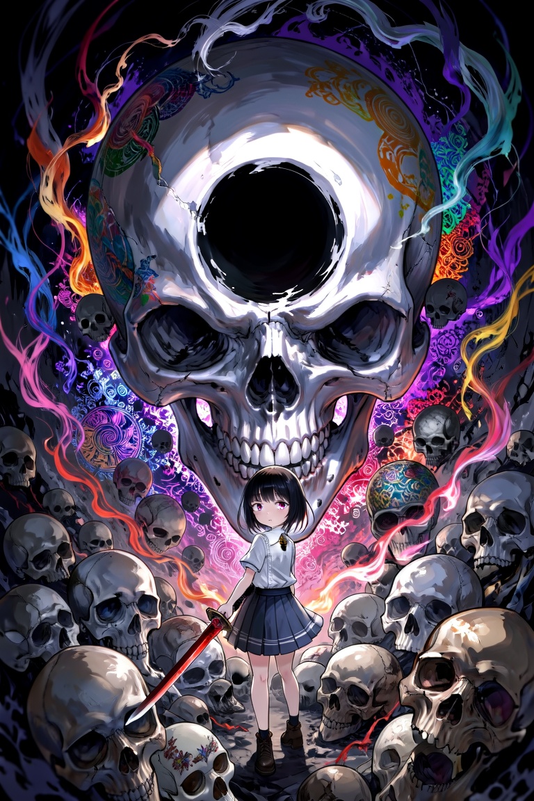 The image depicts a dark and vibrant scene with a large,  swirling skull at the center,  surrounded by smaller skulls and...