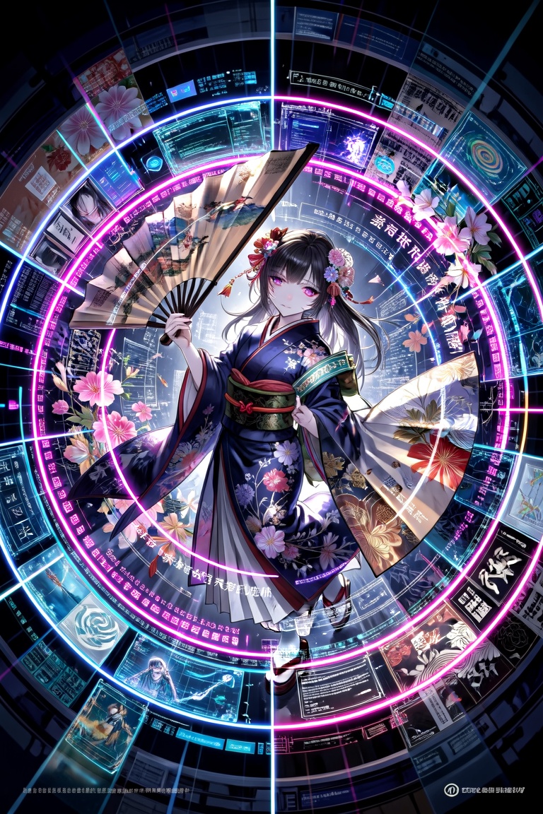 The image depicts a stylized,  futuristic scene with a central figure dressed in traditional Japanese attire,  holding a l...