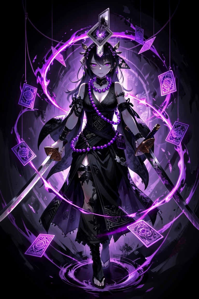 The image depicts a dark,  mystical character with glowing purple energy swirling around them. The character has a black o...