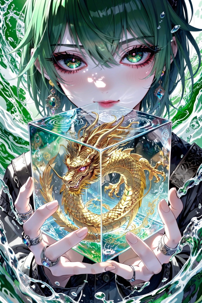 The image depicts a close-up of a person with green hair and large,  expressive eyes. The person is holding a transparent...