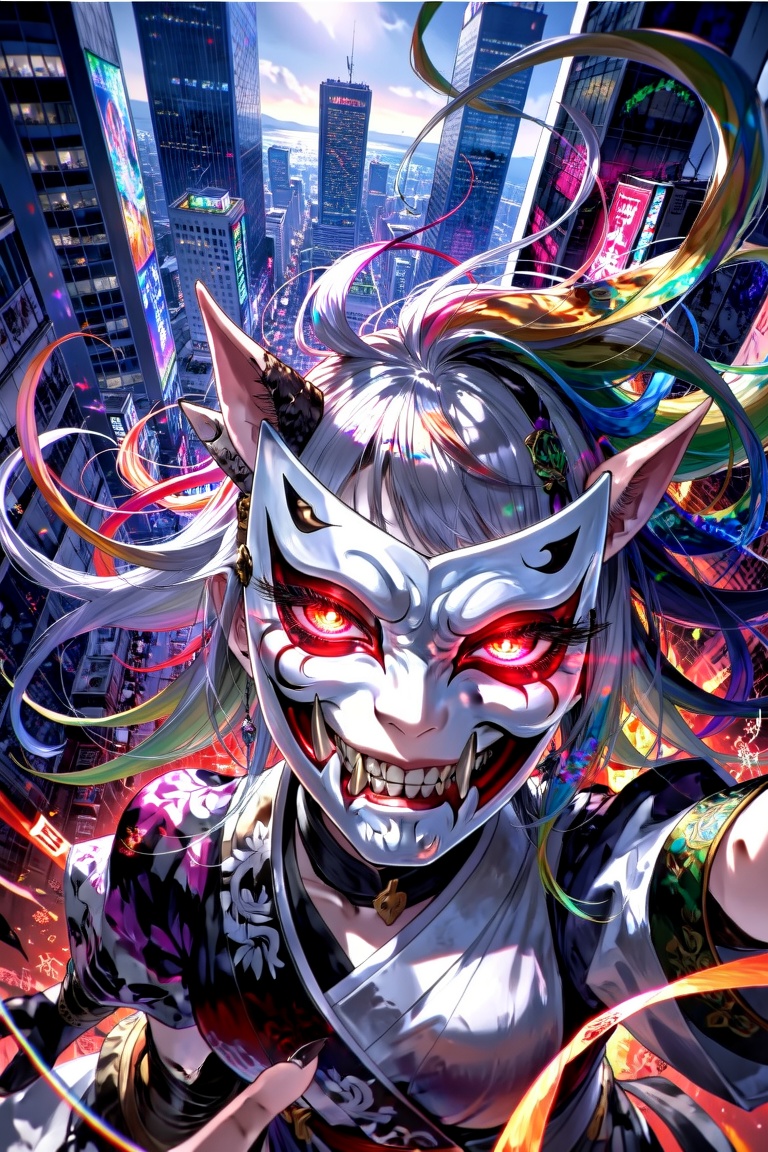 The image depicts a dynamic and vibrant scene with a character in the foreground and a cityscape in the background. The ch...