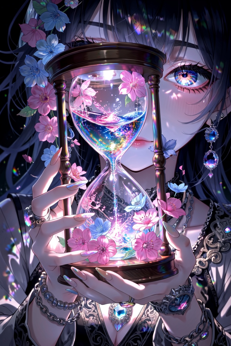 The image depicts a close-up of a person holding an hourglass filled with a glowing,  ethereal liquid. The liquid inside t...