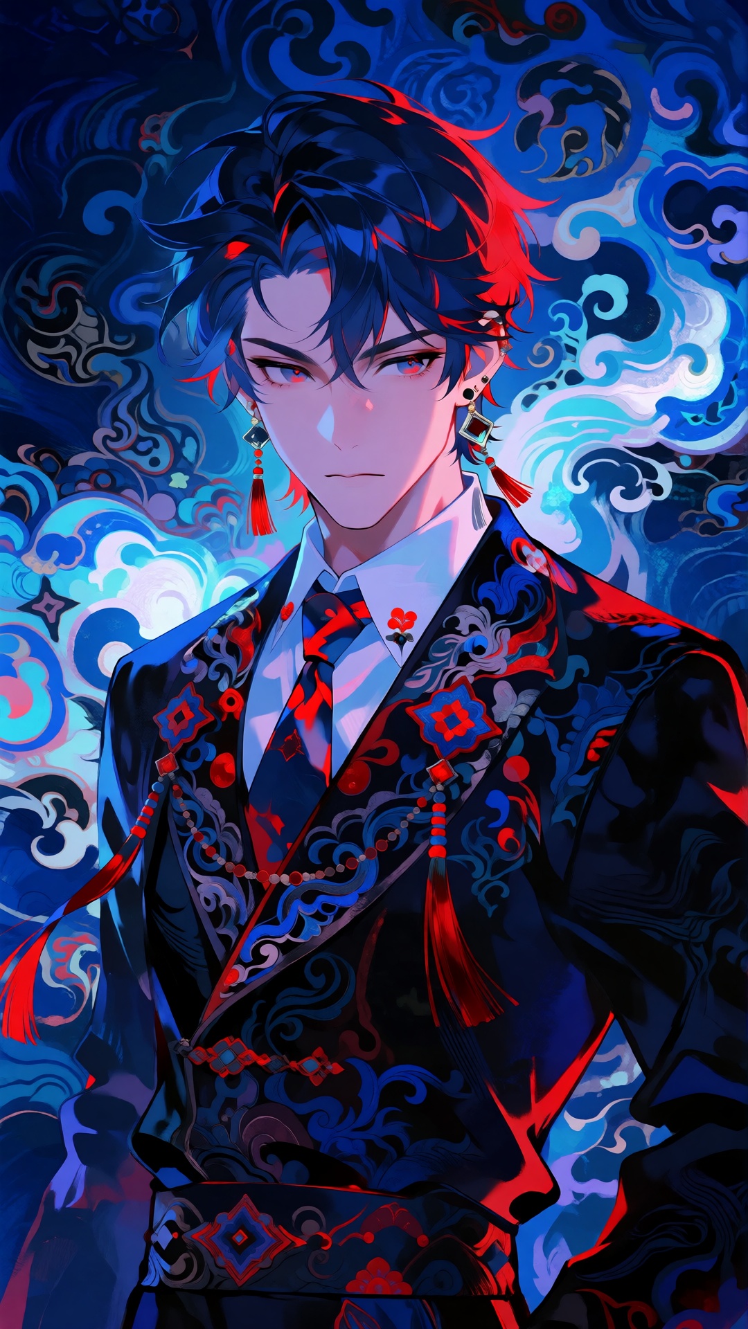 this is a digital illustration in an anime style,  depicting a young man with a serious expression,  he has short on Tenso...